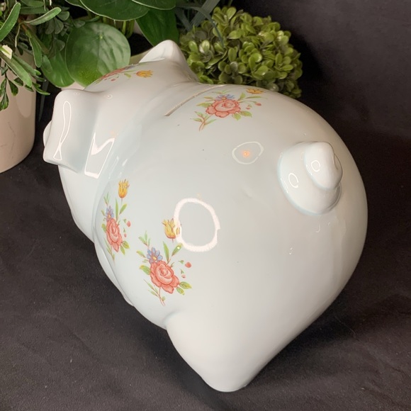 Vintage Hand Painted Lefton pale blue piggy bank with flowers - Picture 6 of 11